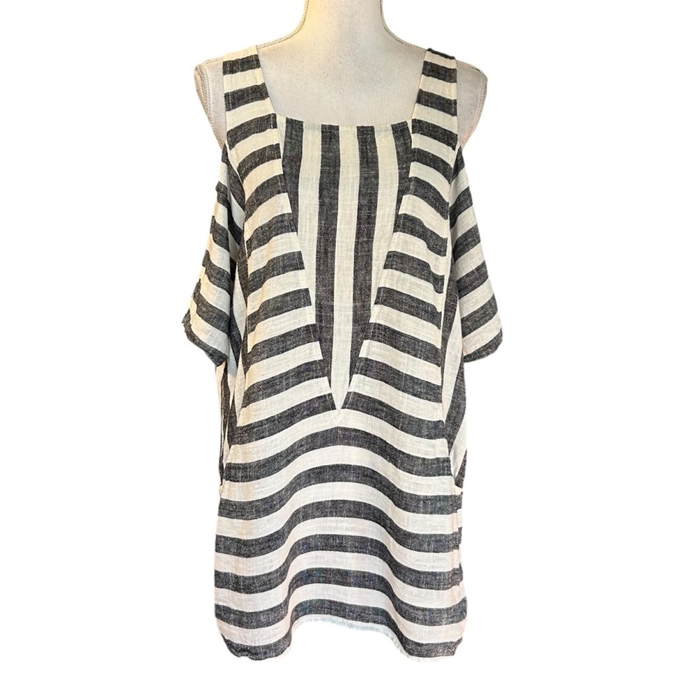 Soft Surroundings Gray White Stripe Cold Shoulder Sunset Pocket Tunic Sz Small